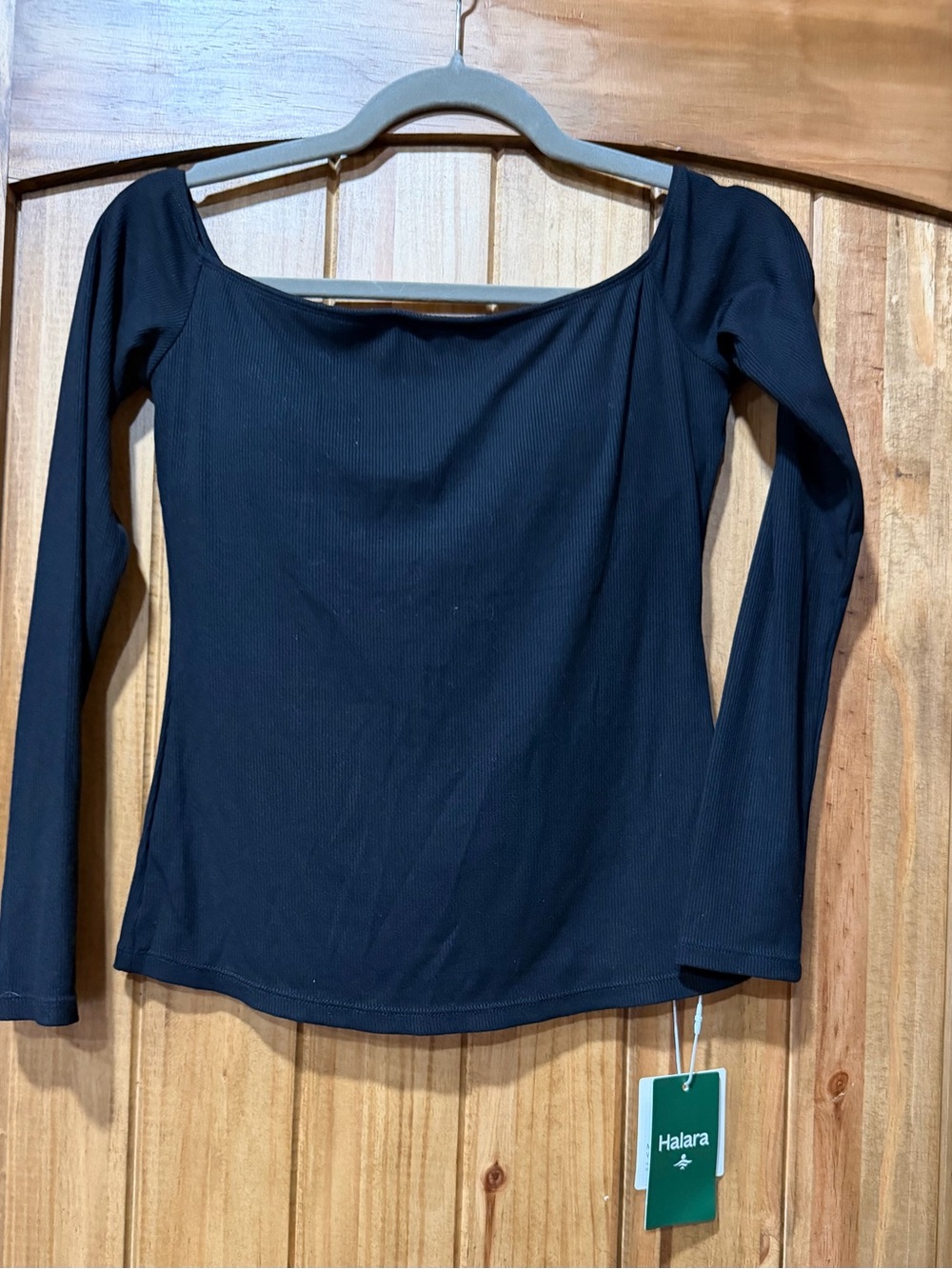 HALARA Black Long Sleeve Square Neck Ribbed Top - Slim Fit